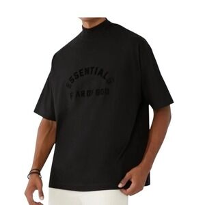 FEAR OF GOD ESSENTIALS Logo Appliquéd Mock Neck TShirt Black Short Sleeve Size M